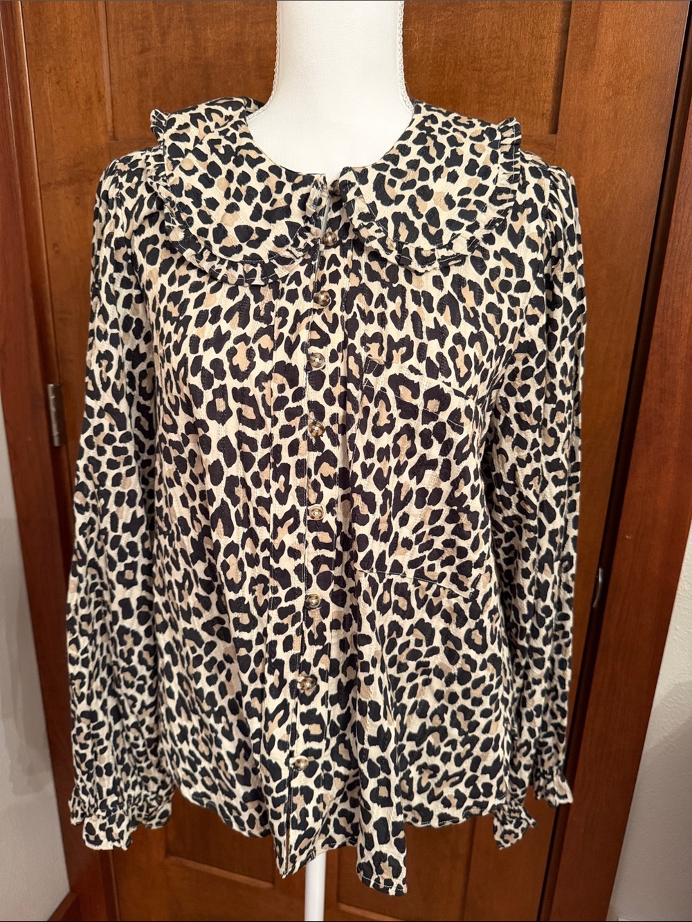 Pilcro Leopard Print Ruffle Collar Button-Down Top - Beige Black